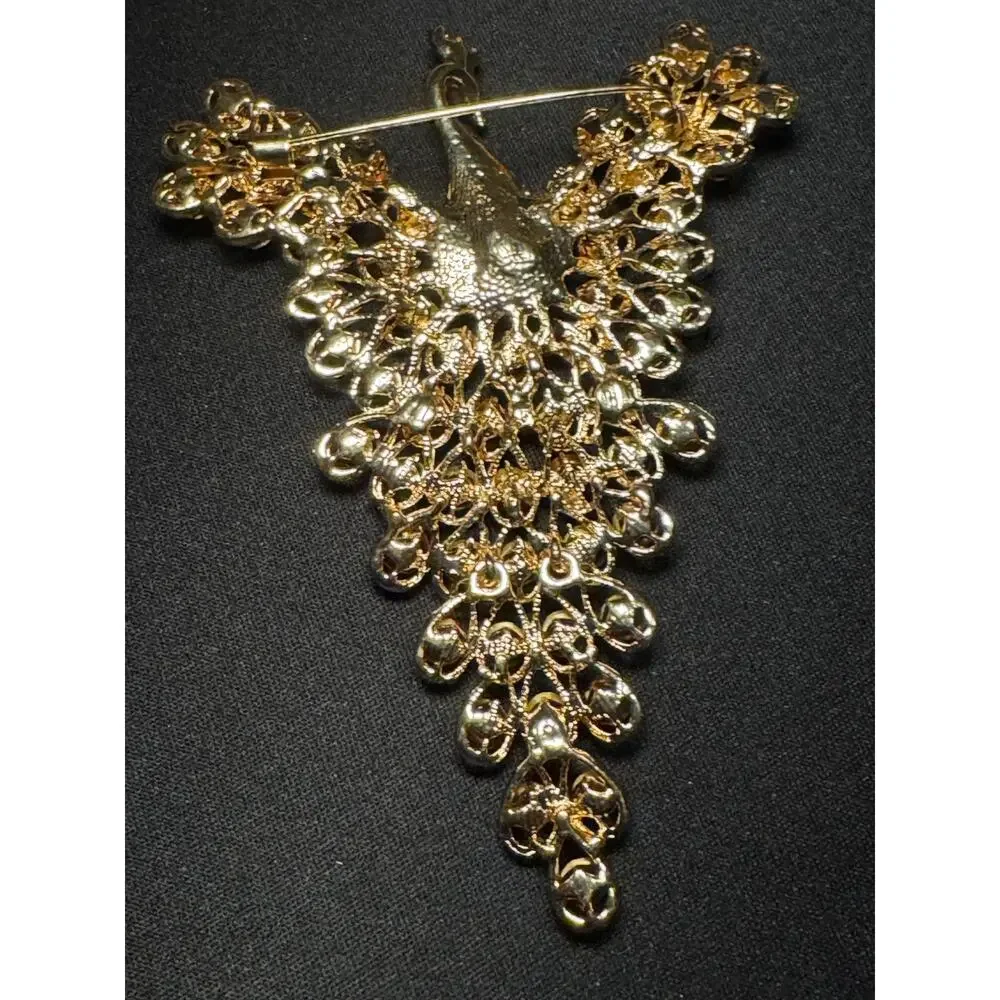 Large Multicolored Rhinstone Articulated Peacock Brooch